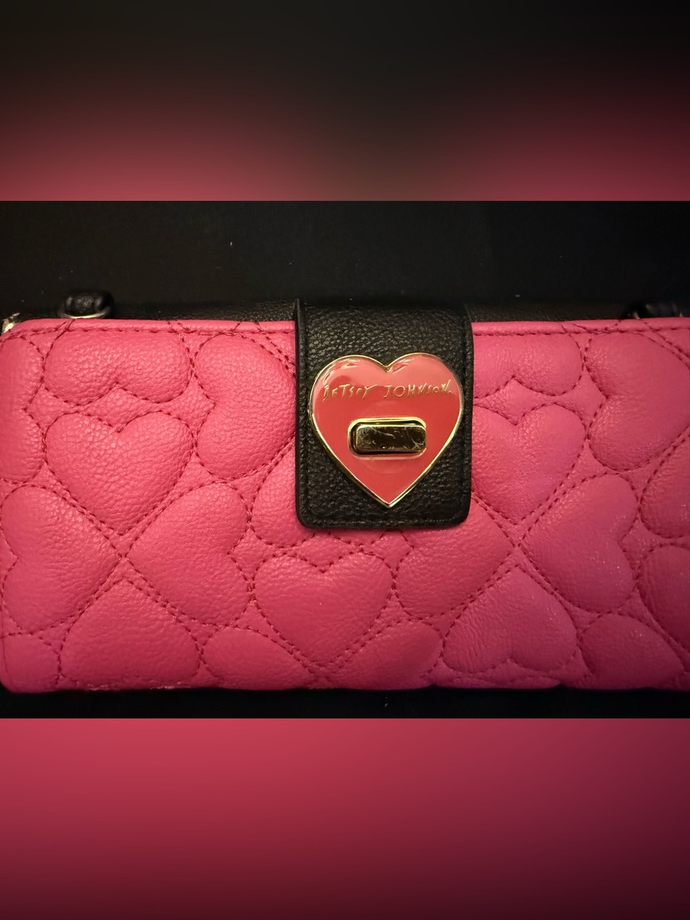 Betsey Johnson Hot Pink Quilted Heart Wallet with Black Trim